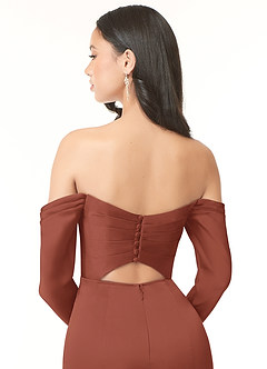 Azazie Hallie Bridesmaid Dresses Auburn Sheath Off-The-Shoulder Long Sleeve Stretch Satin Convertible Dress image7