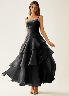 Nicola Noir Robe de bal trapèze en satin à volants image4