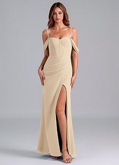 Azazie Asha Bridesmaid Dresses Champagne Sheath Off the Shoulder Chiffon Convertible Dress image7