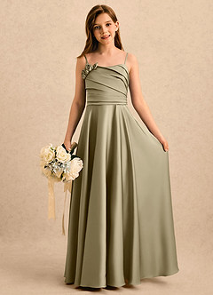 Azazie Gracie Girls Formal Robe Demoiselle D'honneur Fillette Robe Trapèze en Satin extensible Encolure en Forme de Cœur Vert Mousse image1