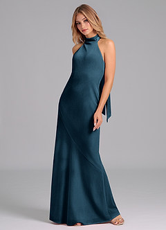 Azazie Velli Vestidos de damas de honor Vestido de Topacio Azul de terciopelo de Corte Sirena con Cuello Alto image5