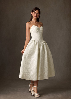 Azazie Devam Wedding Dresses Cream A-Line Strapless Floral Jacquard Dress image2
