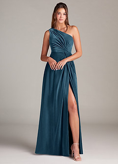Azazie Brooke Vestidos de damas de honor Vestido de Topacio Azul de terciopelo de Corte en A con Hombro unilateral image4
