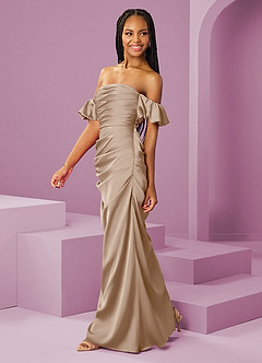 Barbie ♥ Azazie Brautjungfernkleider Wandelbar Etui Schulterfrei Stretch-Satin Kleid Taupe image4