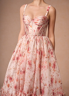 Halame Apricot Multi Sleeveless Floral A-Line Gown image3