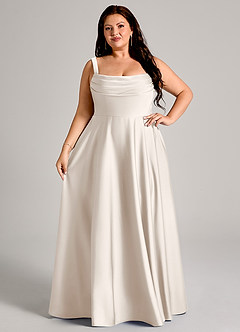 Azazie Shaude Bridesmaid Dresses White Alabaster A-Line Pleated Stretch Satin Dress image13