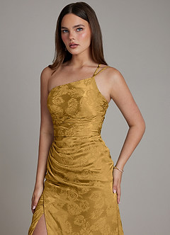 Azazie Mishka Bridesmaid Dresses Marigold Jacquard Sheath One Shoulder Floral Jacquard Dress image3