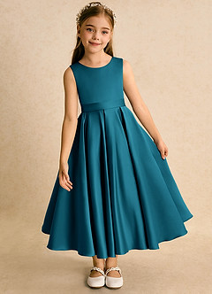 Azazie Junebuj Flower Girl Dresses Ink Blue Ball-Gown Pleated Matte Satin Dress image6