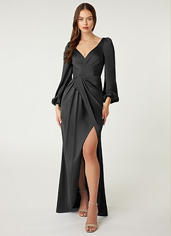 Azazie Mel Bridesmaid Dresses Black Sheath Long Sleeve Stretch Satin Dress image1