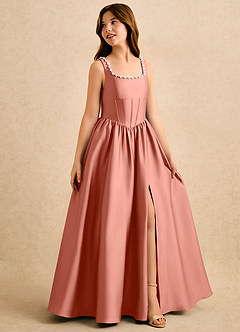 Azazie Enid Girls Formal Flower Girl Dresses Salmon Pink A-Line Beaded Stretch Satin Dress image3