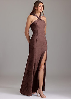 Azazie Rue Bridesmaid Dresses Espresso A-Line Pleated Floral Burnout Dress image4