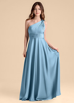 Azazie Charlize Junior Abito A-Line in Raso Elasticizzato Plissettato Blu Acciaio image4