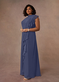 Azazie Narine Mère de la mariée Robes Robe Trapèze en Mousseline de soie Encolure haute plissée Bleu Orageux image16
