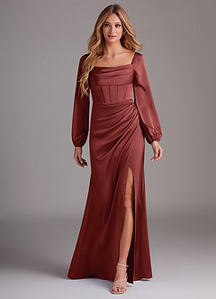 Azazie Charissa Bridesmaid Dresses Terracotta Sheath Long Sleeve Stretch Satin Dress image1