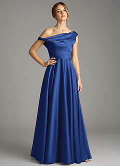 Azazie Xanthe Bridesmaid Dresses Royal Blue A-Line Off the Shoulder Stretch Satin Dress image1