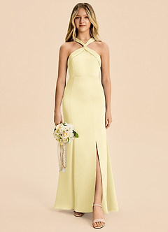 Azazie Rue Junior Lemon Sorbet Mermaid Pleated Stretch Satin Dress image4