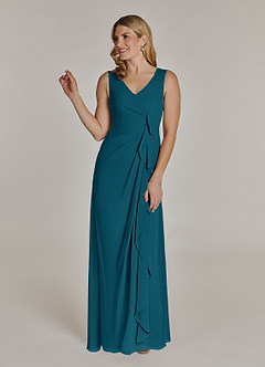 Azazie Manuella Vestidos para mãe da noiva Vestir Tinta Azul de Chiffon de Linha A com Decote em V Plissado image4