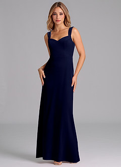 Azazie Denice Bridesmaid Dresses Dark Navy Sheath Pleated Velvet Dress image1