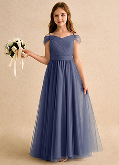 Azazie Yuna Girls Formal Robe Demoiselle D'honneur Fillette Robe Trapèze en Tulle Épaule décolletée Bleu Orageux image3