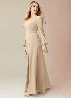 Azazie Leonia Brautjungfernkleider A-Linie Langarm Chiffon Kleid Champagner image4