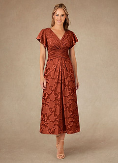 Azazie Vera Mother of the Bride Dresses Auburn A-Line Pleated Floral Burnout Dress image1