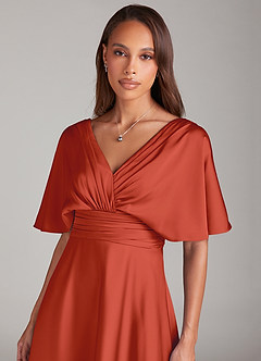 Azazie Pamela Bridesmaid Dresses Rust A-Line Pleated Stretch Satin Dress image5