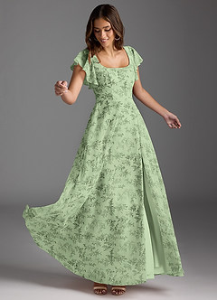 Azazie Bondi Vestidos de damas de honor Vestido de Floral Helecho Verde de Gasa de Corte en A con Volantes image4