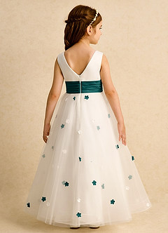 Azazie Cricket Flower Girl Dresses Ivory Peacock Ball-Gown Pleated Matte Satin Dress image2