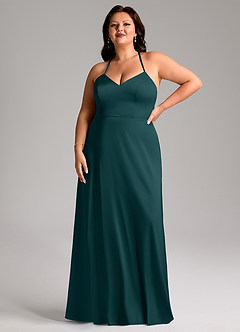 Azazie Mei Robes de demoiselle d'honneur Robe Trapèze en Satin extensible Col en V Vert Pin image7