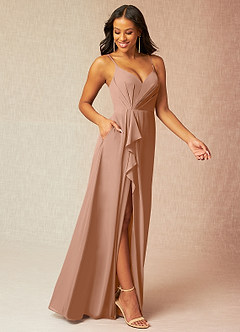Azazie Kyedae Bridesmaid Dresses Champagne Rose A-Line V-Neck Pleated Chiffon Dress image3