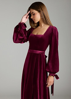 Azazie Leonia Bridesmaid Dresses Cabernet A-Line Long Sleeve Velvet Dress image6