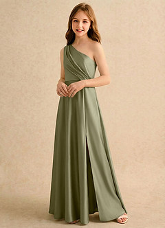 Azazie Puddles Girls Formal Flower Girl Dresses Pistachio A-Line One Shoulder Stretch Satin Dress image4