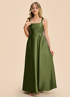 Azazie Azaria Junior Olive A-Line Pleated Stretch Satin Dress image6