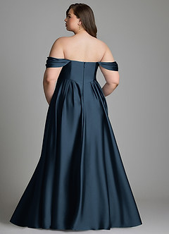Azazie Loisa Vestidos de damas de honor Vestido Azul Marino Oscuro de Satén Elástico de Línea A con Hombros descubiertos image9