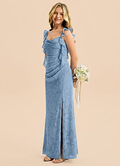 Azazie Jessamine Junior Abito Sirena in Burnout Floreale Scollo a Cuore Azzurro Polvere image3