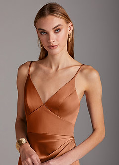 Azazie Shania At-home Try On Dresses Agave Sheath V-Neck Pleated Stretch Satin Dress image5