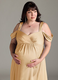 Azazie Rhea Zwangerschaps Bruidsmeisjekleding A-Lijn Off The Shoulder Geplooid Stretch Satijn Vloerlengte Jurk image12