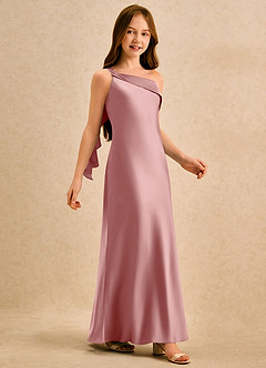 Azazie Almond Girls Formal Abiti da Ragazza di Fiori Abito Tubino in Raso Elasticizzato Monospalla Rosa Polverosa image5