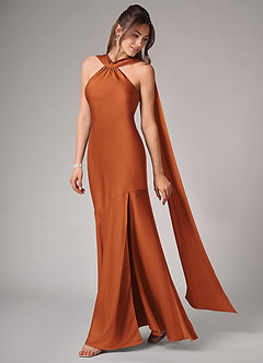 Azazie Kinsley Robes de demoiselle d'honneur Robe Sirène en Satin extensible Fente Latérale Cannelle image4