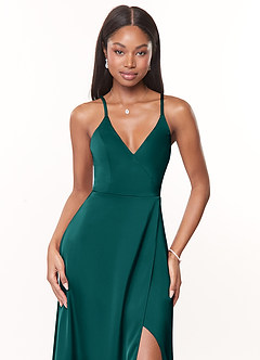 Azazie Maksim Bridesmaid Dresses Peacock A-Line V-Neck Stretch Satin Dress image5
