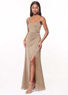 Azazie Maci Vestidos de damas de honor Vestido de Gris Pardo de Satén Elástico de Corte en A con Cuello en V plisado image3