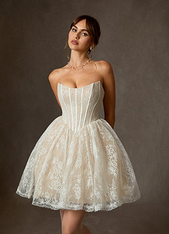 Azazie Clover Probar vestidos en casa Vestido de Blanco Diamante Champán de Encaje de Corte Princesa con Sin tirantes image6