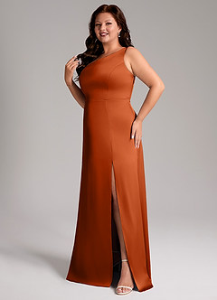 Azazie Phaedra Vestidos de damas de honor Vestido de Naranja Quemada de Satén Elástico de Corte en A con Hombro unilateral image12