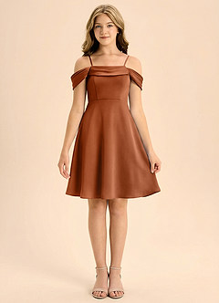 Azazie Anselie Junior Abito A-Line in Raso Elasticizzato Plissettato Rame image3