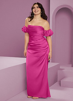 Barbie ♥ Azazie Bridesmaid Dresses Fuchsia Sheath Off the Shoulder Stretch Satin Convertible Dress image13