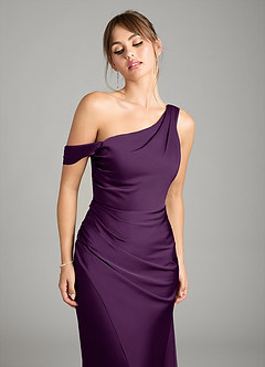 Azazie Madelyn Bridesmaid Dresses Grape Mermaid One Shoulder Stretch Satin Convertible Dress image4