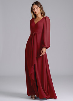 Azazie Liah Bridesmaid Dresses Pomegranate A-Line Long Sleeve Chiffon Dress image4