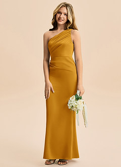 Azazie Akilah Junior Butterscotch Sheath Pleated Stretch Satin Dress image5