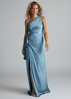 Azazie Maive Final Sale Steel Blue Sheath Ruched Stretch Satin Dress image1