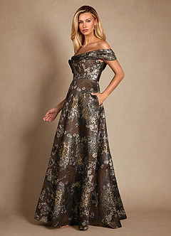 Azazie Marceline Mother of the Bride Dresses Mocha Coco A-Line Off the Shoulder Jacquard Dress image3